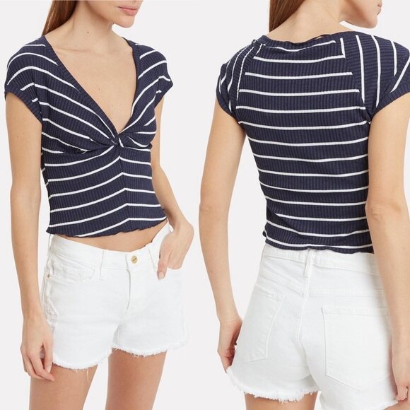 Alc Sabina Blue Striped Crop Top V-Neck White Size XS Stretch Cap Sleeves Tee - Picture 1 of 8
